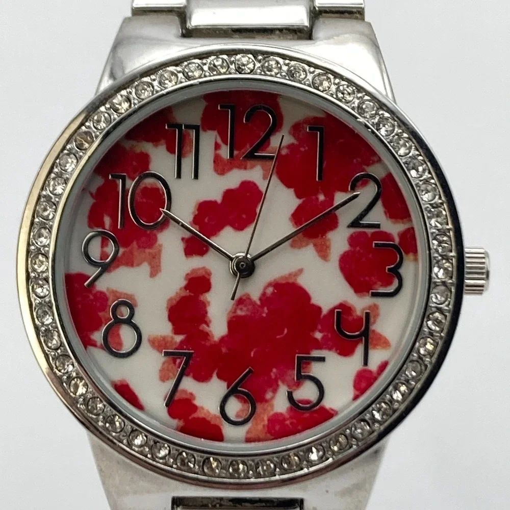 Modern Women's Watch 36mm Silver Tone Red Floral Dial Crystals New Battery 6.5